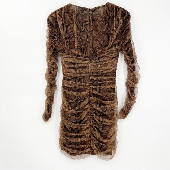 NWT ZARA Tulle V-Neck Ruched Bodycon Mini Dress S Brown - Picture 4 of 7